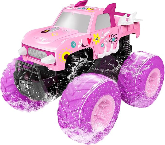 Threeking 1:16 Waterproof Pink RC Monster Truck Toys Amphibious Remote Control Car Pickup 4WD All-Terrain Toy Gift for Girls Ages 6 7 8 9 10 11 12 Durable Off-Road Fun for Indoor & Outdoor Play