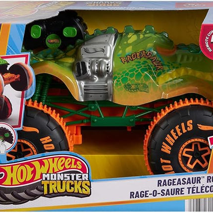 Hot Wheels Monster Trucks Remote-Control Toy Vehicle, 1:15 Scale Rageasaur RC with Grip Action Tires for Off-Roading & Wheelie Stunting