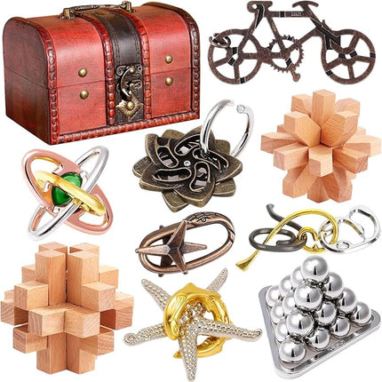 9 pcs Metal Wooden Brain Teaser Puzzle Logic Metal Puzzle for Adult Kid Toy Lock Puzzles Gift for Adults Teenagers Kids