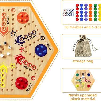 Wooden Board Game, Original Marble Game Double Sided Painted 2 to 6 Player Fast Track Board Game Wooden with 6 Colors 24 Marbles 6 Dice for Adults Kids Family(15 INCH)
