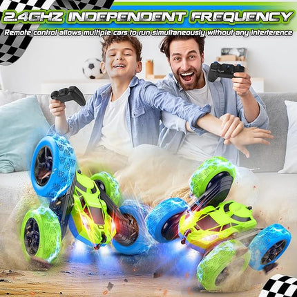 cosone Remote Control Car Toys for Boys - 4WD 2.4Ghz Double Sided 360° Rotating All Terrain RC Cars with Cool Lights, Kids Birthday for Boys-Blue&Green