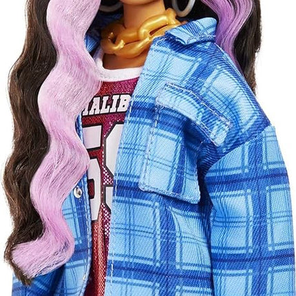 Barbie Extra Doll and Accessories with Pink-Streaked Crimped Hair in Jersey Dress with Pet Corgi