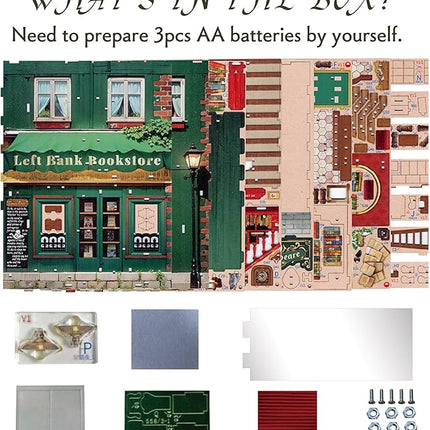 Tonecheer DIY Book Nook Kit for Adults, 3D Wooden Puzzle Bookend Bookshelf Insert Library Bookstore Model Decor, Booknook Miniature Dollhouse with Sensor LED Light for Gifts (Left Bank Bookstore)