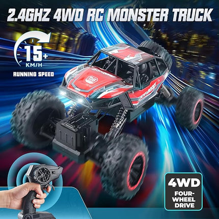 BEZGAR Monster Truck Toys - 1:12 Remote Control Monster Truck with Light, RC Crawler for Adults, Scale RC Truck with 45° Climbing, Remote Control Car for Boys Red