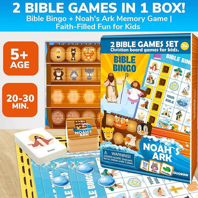 QUOKKA Noah's Ark and Bible Bingo for Kids - 2 Bible Games Set in 1 Box – Kids Bingo & Noah’s Ark Memory Board Game – Faith-Based Christian Toys for Sunday School, Homeschool, Family Game Night