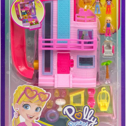 Polly Pocket Barbie Dreamhouse Compact, Dollhouse Playset with 3 Micro Dolls, 1 Puppy, 11 Accessories, Elevator & Pool