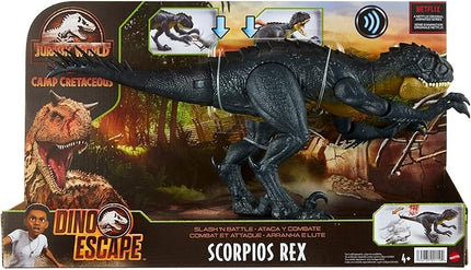 Mattel Jurassic World Toys Slash ‘N Battle Scorpios Rex Action & Sound Dinosaur Figure Camp Cretaceous with Movable Joints, Slashing & Tail Whip Motions & Roar Sound, Kids Gift Ages 4 Years & Up