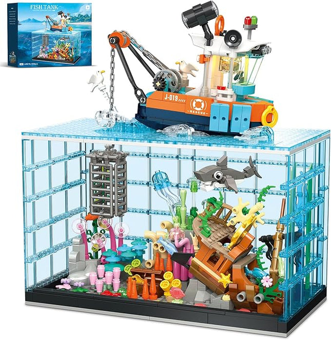 Fish Tank Building Blocks Set - 830PCS Ocean Treasure Hunt Building Set with Adventure Boat, Shark, Jellyfish & Coral Reef, STEM Toys Halloween for Teens Adults