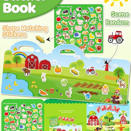 Benresive Reusable Sticker Book for Toddlers 2-4 Years, Fun Travel Stickers for Kids, Waterproof Sticker Books for Toddlers 1-3, Crafts Activities for Todddlers 1-3 2-4 3-5 - Farm