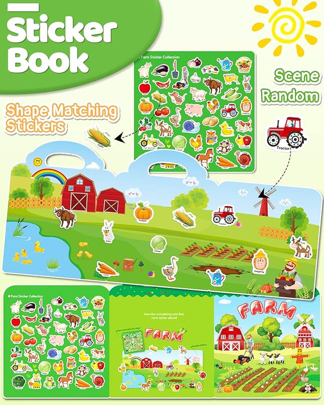 Benresive Reusable Sticker Book for Toddlers 2-4 Years, Fun Travel Stickers for Kids, Waterproof Sticker Books for Toddlers 1-3, Crafts Activities for Todddlers 1-3 2-4 3-5 - Farm