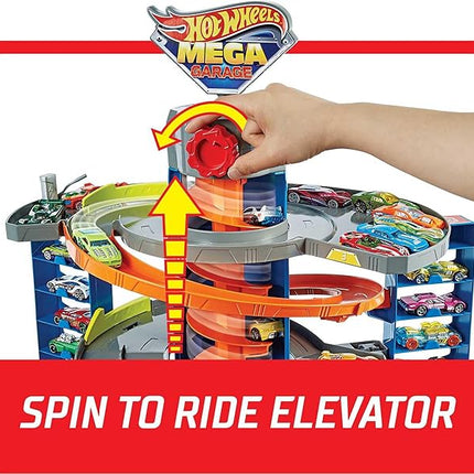 Hot Wheels City Mega Garage Playset with Corkscrew Elevator & Storage for 60+ Cars, Includes 1 1:64 Scale Vehicle, Gift for Kids 4 Years Old & Up, HFH03
