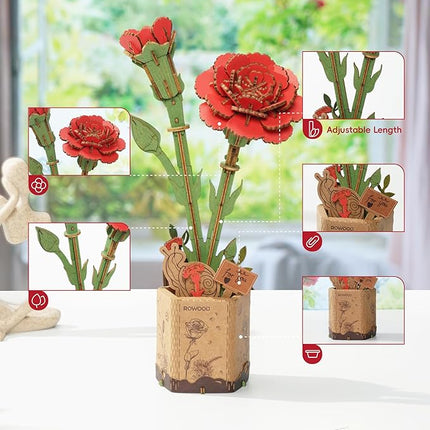 rowood 3D Puzzle Wooden Flower,DIY Artifical Flower Building Set Craft Kit for Women,Mother's Day/Valentine's Day/Teacher's Day/Thanksgiving/Christmas/Birthday Gift for Mom/Grandma-Red Carnation