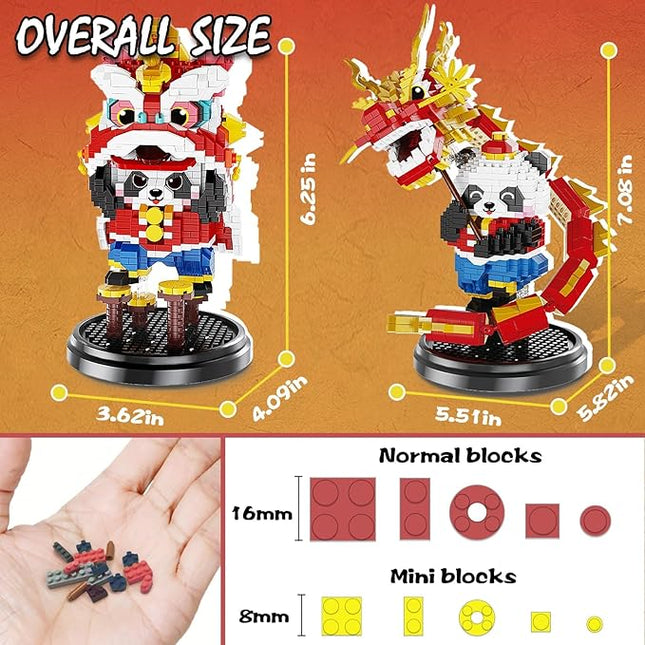 Lion Dance Panda Building Blocks Set, 1235PCS Micro Mini Building Blocks for Adults, Panda Toys for Boys and Girls