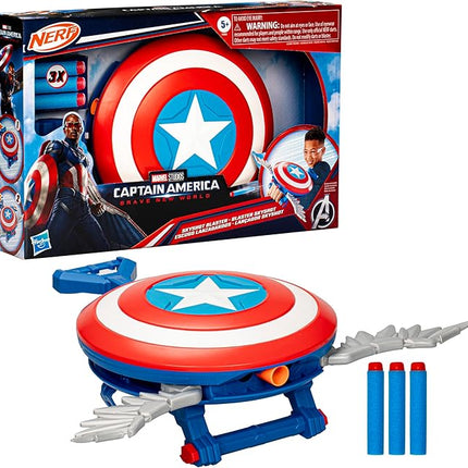 Marvel Studios Captain America Brave New World NERF Skyshot Blaster, Shield Roleplay Toy, Super Hero Toys for Kids 5 and Up