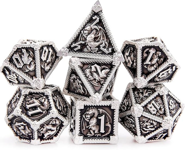 AUSTOR 7-Die Metal DND Dice Set Dungeons and Dragons Polyhedral Roll Playing Dice with Box D20 D12 D10 D% D8 D6 D4 for Pathfinder MTG RPG Board Games