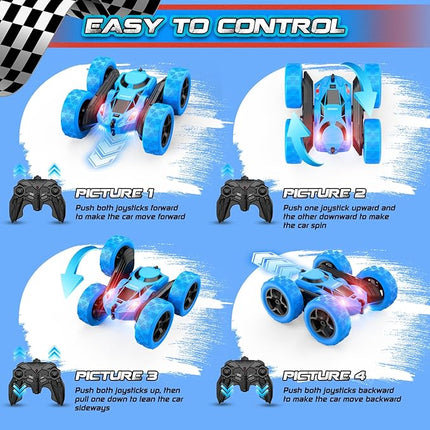 Remote Control Car, RC Cars Toys for Kids Ages 6-12, 4WD Stunt Car with LED Lights & 360° Flips, 2.4GHz, Upgraded USB-C Modular Batteries, 6-10 Year Old Boys Birthday Gift - Blue