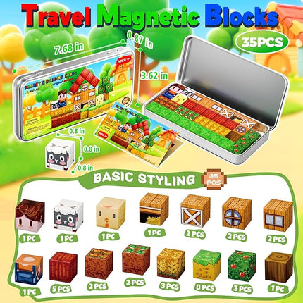 Farm Animal Magnetic Building Blocks Travel Toys, 35PCS Magnetic Cubes for Kids 3-8, Portable STEM Building Tiles with Metal Storage Box, Toddler Learning Toys for Ages 3-5，Fun Gifts, Classroom Prizes