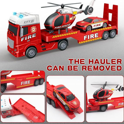 Toddler Boy Toys for 4 5 6 Year Old - 25'' Large Fire Truck Toy with Helicopter and Racing Car - Flatbed Semi Truck Firetruck Toy Birthday Gift with Sound, Light, 28pcs Traffic Signs, Kids Toys