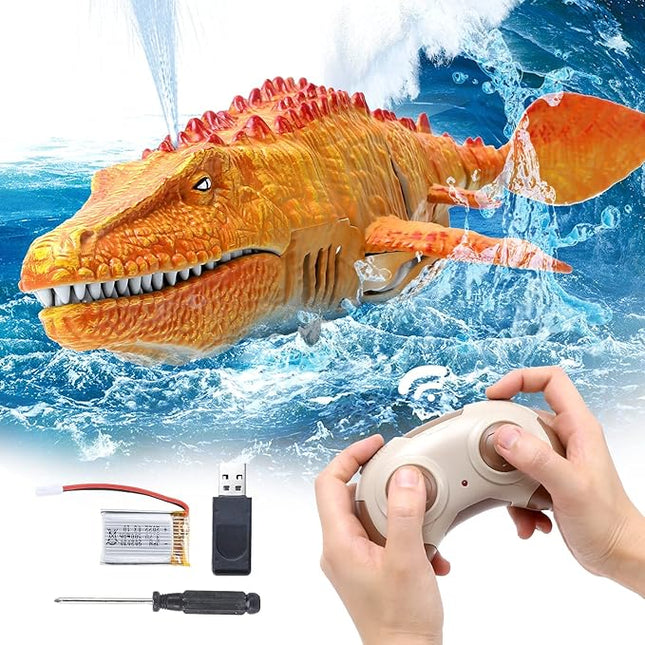 Dinosaur Pool Toys for Kids 5-7, Mosasaurus Water Dinosaur Toy | 2.4G Remote Control | One-Key Demo RC Dino Boat Shark Pool Diving Bath Toys with Light and Spray Water for Boys Girls