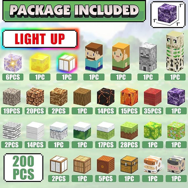 200PCS Magnetic Blocks Building Toys Set, Light Up Magnet Cubes, 3D Magnetic Building Blocks for Kids Boys Girls Ages 3+, STEM Sensory Christmas Birthday Present Construction Toys