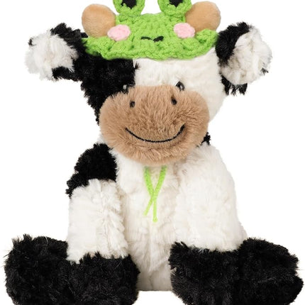 Hopearl Adorable Plush Cow Toy with Cute Tiny Knitted Frog Hat Floppy Dairy Cattle Soft Stuffed Animal Gifts for Boys Girls Kids Toddlers, 9''
