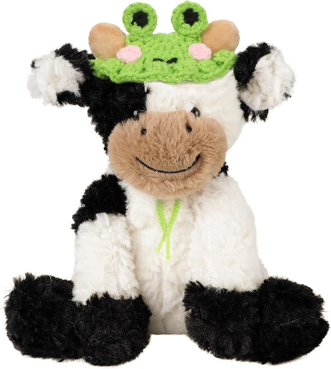 Hopearl Adorable Plush Cow Toy with Cute Tiny Knitted Frog Hat Floppy Dairy Cattle Soft Stuffed Animal Gifts for Boys Girls Kids Toddlers, 9''