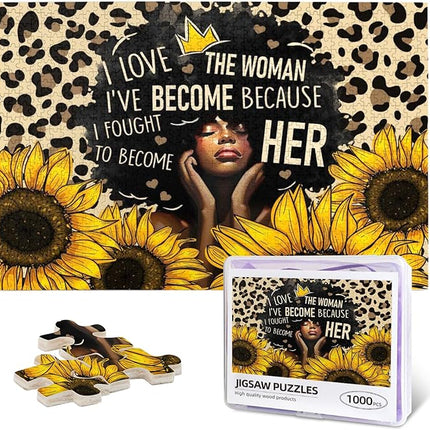 African American Jigsaw Puzzles 1000 Pieces for Adults, Sunflower & Leopard Print Art, Black Woman Wooden Puzzle for Stress Relief, Challenging Brain Teaser & Home Decor