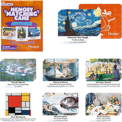 Menique Memory Matching Game – Famous Paintings for Adults & Kids – 70 Cards (35 Pairs) – Bilingual Art Game – Educational & Concentration Activity