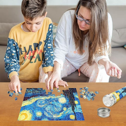 150 Puzzles Mini Jigsaw for Adults & Kids, 6 x 4 Small Capsule Tube Sets - Starry Night Mona Lisa Sunflower Pack