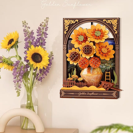 Wowood 3D Wooden Puzzles for Adults - Van Gogh Golden Sunflower DIY Model Building Kits with LED Light - Home Decor, Wall Art & Unique Creative Gifts for Art Lovers