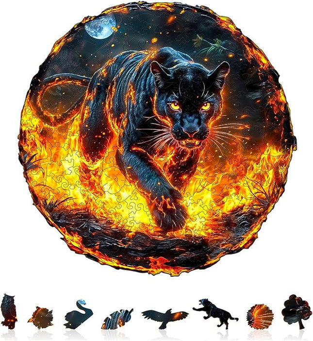 Wooden Puzzles for Adults - Flame Panther Wood Puzzles Adult - Unique Animal Shape Wooden Jigsaw Puzzles for Adults - Birthday Gifts for Puzzle Lovers, Family (11.4 * 11.3in)