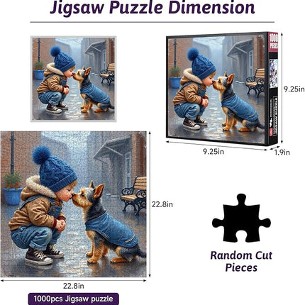 1000 Piece Jigsaw Puzzle for Adults – Adorable Boy & Dog Winter Scene, Cozy Friendship Puzzles with Cute Pet in Denim Jacket, Challenging Family Puzzle