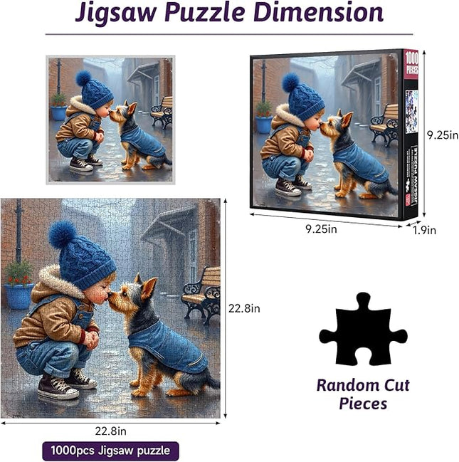 1000 Piece Jigsaw Puzzle for Adults – Adorable Boy & Dog Winter Scene, Cozy Friendship Puzzles with Cute Pet in Denim Jacket, Challenging Family Puzzle