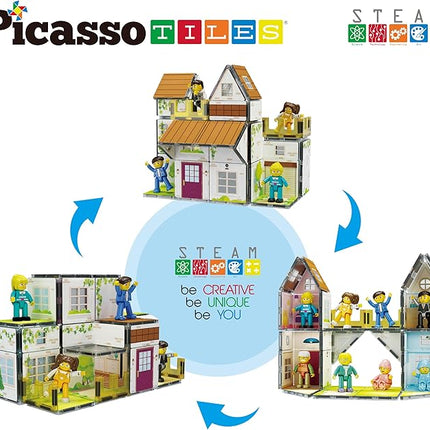PicassoTiles Magnet Tile Building Block Family Homestead Doll House Theme Playset 8 Character Action Figures Double Sided Magnetic Tiles Printing STEM Education Learning Kit Toy Set Kids Ages 3+ PTQ06