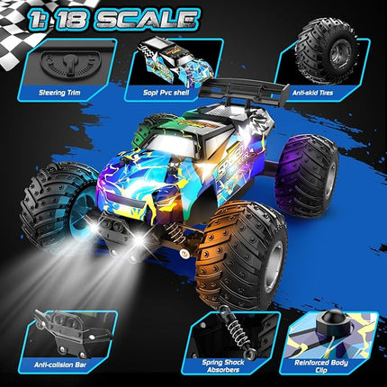 Remote Control Car, 1:18 2WD Off-Road RC Truck 20 KM/H, All-Terrain RC Cars with Headlights, BodyLights, 2.4GH Rechargeable Remote Control Monster Truck, Christmas or Birthday Gift Toys for Boys Girls