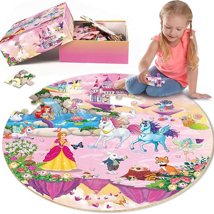SYNARRY Unicorn Princess Mermaid Fairy Floor Puzzle for Kids Ages 3-5, Large 70 Piece Wooden Puzzle for Kids Ages 4-6, Preschool Toys Gifts for 3 4 5 6 7 8 Years Old Boys Girls Children