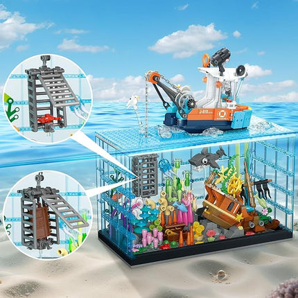 Fish Tank Building Blocks Set - 830PCS Ocean Treasure Hunt Building Set with Adventure Boat, Shark, Jellyfish & Coral Reef, STEM Toys Halloween for Teens Adults