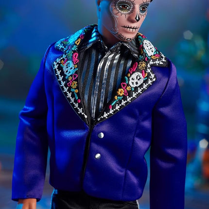 Barbie Signature Ken Fashion Doll, 2023 Dia de Muertos Collectible with Blue Jacket, Black Hat & Doll Stand