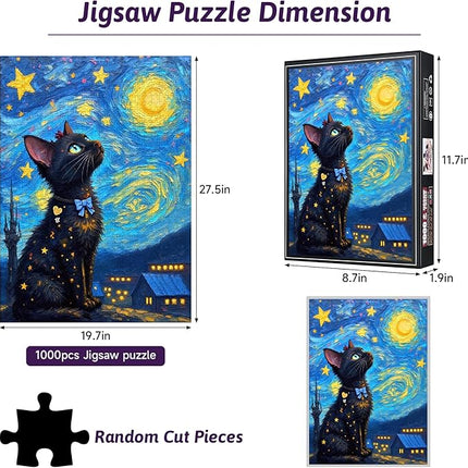 1000pcs Jigsaw Puzzle - Starry Night with Black Cat, Challenging Brain Teaser for Adults & Families, Scratch-Resistant Paper Puzzle, Ideal DIY Decor, Adult Puzzles Starry Night Design