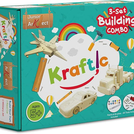 Kraftic Woodworking Building Kit for Kids and Adults, 3 Educational DIY Carpentry Construction Wood Model Kit Toy Projects for Boys and Girls - Build a Wooden Military Jet Race Car and Tractor Trailer