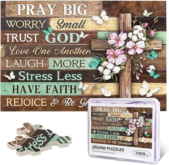 Christian Jigsaw Puzzles 1000 Pieces for Adults, Elegant Cross with Pray Big Worry Small Trust God Quote, Religious Wooden Puzzle, Faith-Based Home Decor & Uplifting Gift