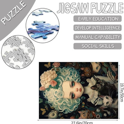 Curly-haired Doll and Cat Jigsaw Puzzle Cool Dolls Girl 1000 Piece Jigsaw Puzzles for Adults Challenging Family Activity Games Colorful DIY for Home Decor 20 x 27 Inch