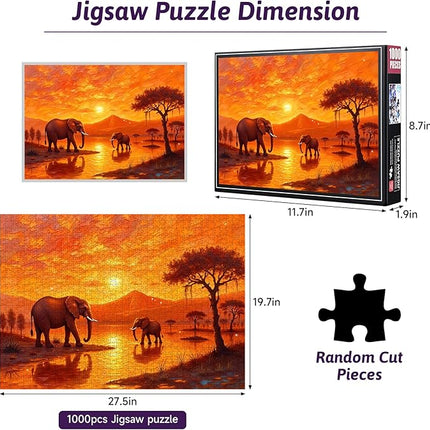 1000 Piece Jigsaw Puzzle for Adults – Elephant Sunset Safari Landscape | Challenging Wildlife Puzzle, Relaxing Brain Teaser, Premium Quality Gift for Puzzle Lovers