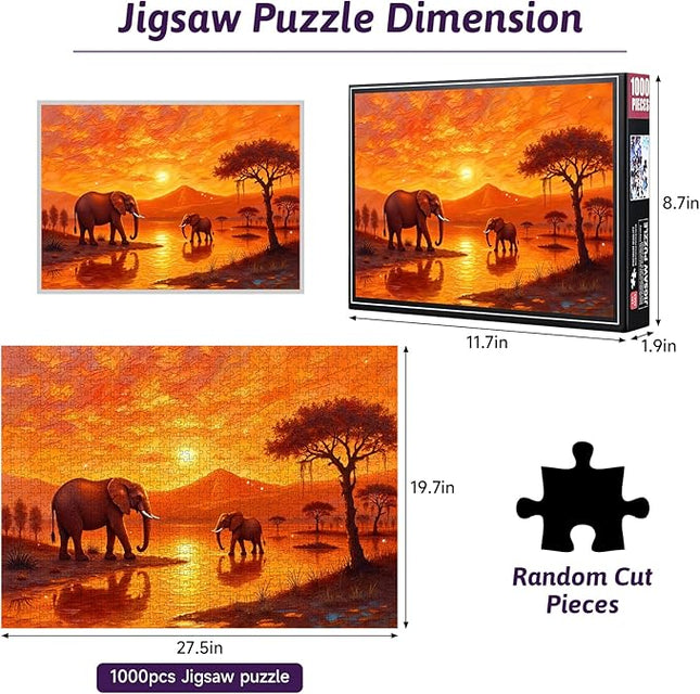 1000 Piece Jigsaw Puzzle for Adults – Elephant Sunset Safari Landscape | Challenging Wildlife Puzzle, Relaxing Brain Teaser, Premium Quality Gift for Puzzle Lovers
