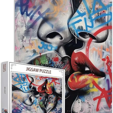 Love Couple Jigsaw Puzzle Street Graffiti Art 1000 Piece Jigsaw Puzzles for Adults Red and Black Lips Touching Home Decoration Family Puzzle Perfect for Game Nights Ideal Gift Choice 20 x 27 Inch
