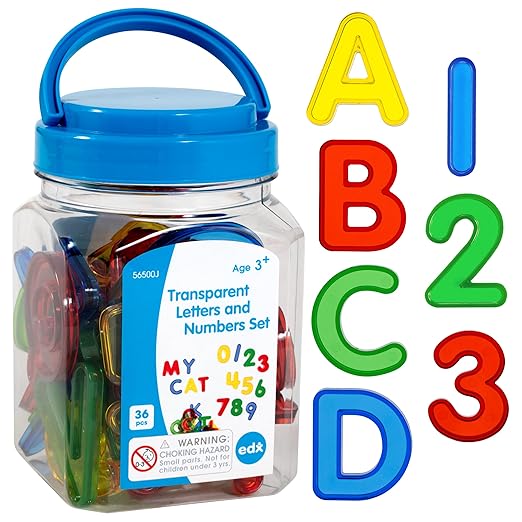 edxeducation Transparent Letters and Numbers - Mini Jar - Colorful, Plastic Letters and Numbers - Light Box Accessory - Sensory Play - Practice Counting and Spelling