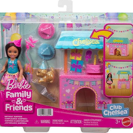 Barbie Family & Friends Club Chelsea Surprise Birthday Party Playset with Chelsea Small Doll (Brunette), Transforming Doghouse & 10+ Accessories