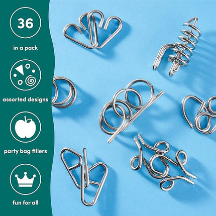 THE TWIDDLERS 36 Metal Brain Teaser Puzzles for Kids & Adults (4 Levels) - Disentanglement Mind Teaser Puzzles with Pouch - Party Favor, Educational Gift