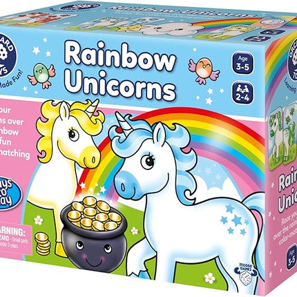 Orchard Toys Moose Games Rainbow Unicorns Game. Race Your Unicorns Over The Rainbow to a Pot of Gold in This Magical, Fun Color-Matching Game! Ages 3+ for 2-4 Players