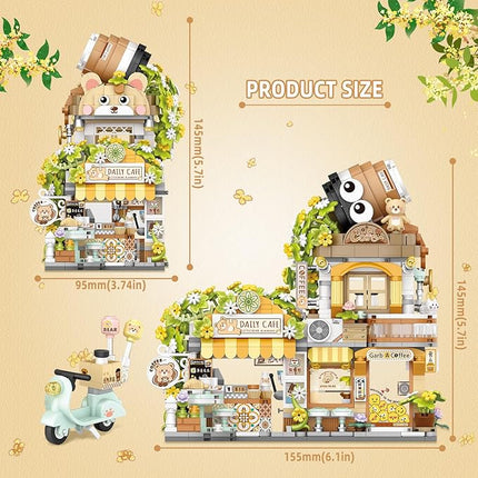 Street View Coffee Shop Mini Building Blocks, MOC Creative Building Toys Cute Animals Building Set for Girls 6-12, Simulation Architecture Construction Toy, Gift Idea for Kids Adults (1077 PCS)